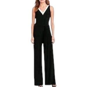 Lauren Ralph Lauren Black Wide Leg Jumpsuit Stretch Jersey Tie Waist Minimalist